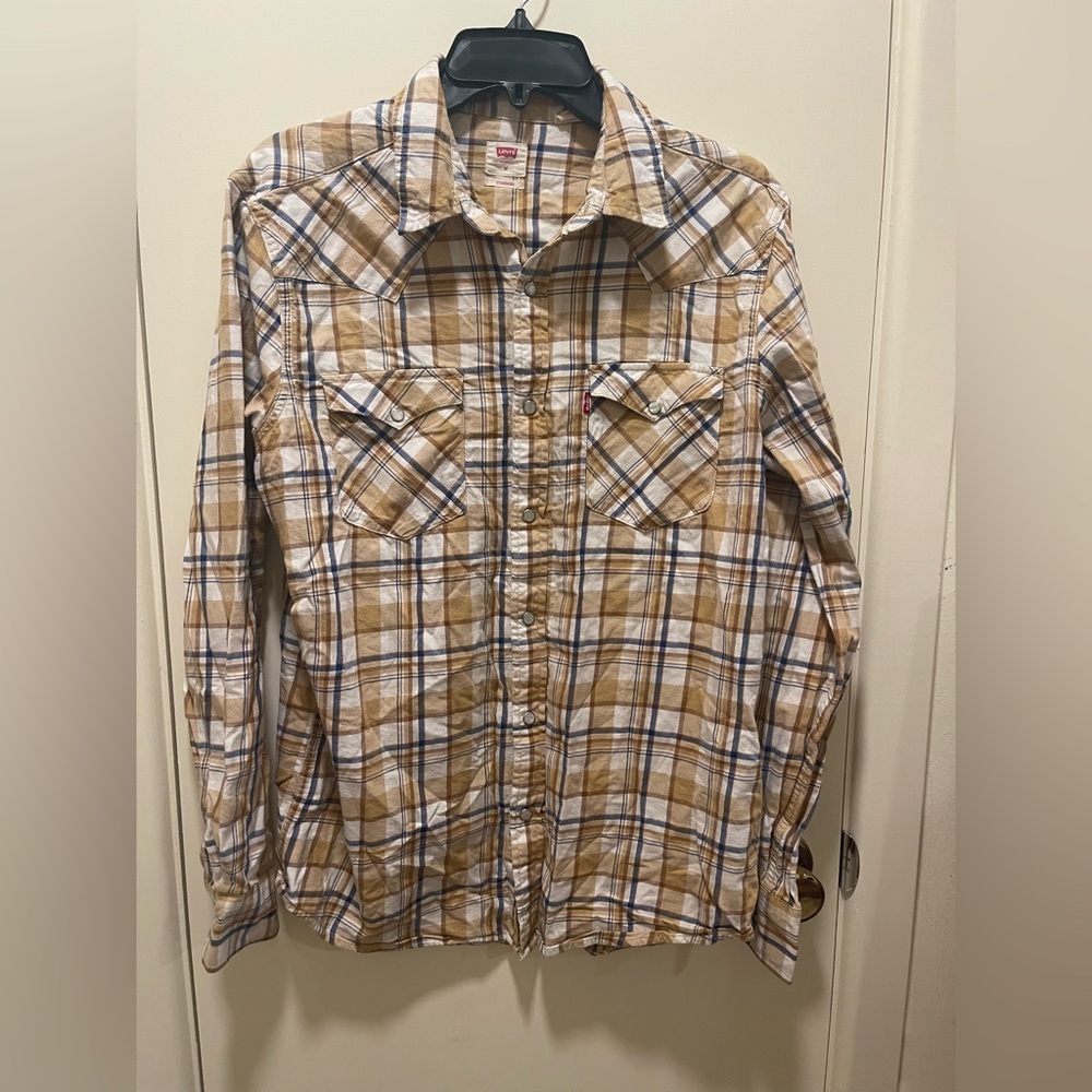 Levi's Tan and White Plaid Button-Up Shirt Jacket